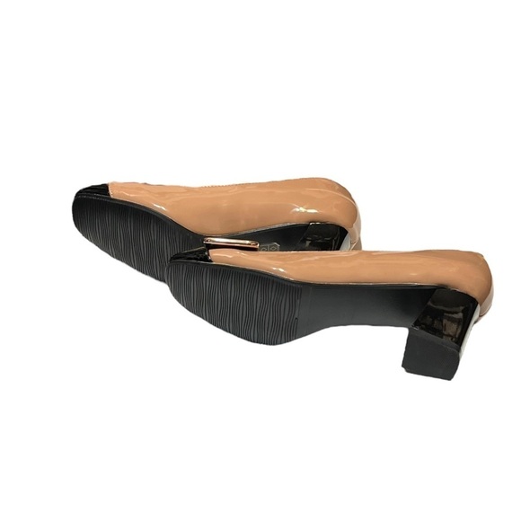 Ann Creek Angela Block Heel Pumps Tan Black Patent Buckle Mod Glam Retro Preppy - Picture 7 of 9